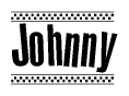 The image is a black and white clipart of the text Johnny in a bold, italicized font. The text is bordered by a dotted line on the top and bottom, and there are checkered flags positioned at both ends of the text, usually associated with racing or finishing lines.