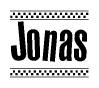 The image contains the text Jonas in a bold, stylized font, with a checkered flag pattern bordering the top and bottom of the text.