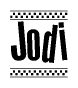 The image is a black and white clipart of the text Jodi in a bold, italicized font. The text is bordered by a dotted line on the top and bottom, and there are checkered flags positioned at both ends of the text, usually associated with racing or finishing lines.