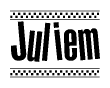 The image contains the text Juliem in a bold, stylized font, with a checkered flag pattern bordering the top and bottom of the text.