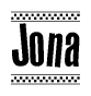 The clipart image displays the text Jona in a bold, stylized font. It is enclosed in a rectangular border with a checkerboard pattern running below and above the text, similar to a finish line in racing. 