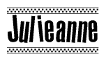 The image is a black and white clipart of the text Julieanne in a bold, italicized font. The text is bordered by a dotted line on the top and bottom, and there are checkered flags positioned at both ends of the text, usually associated with racing or finishing lines.