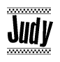 The image contains the text Judy in a bold, stylized font, with a checkered flag pattern bordering the top and bottom of the text.
