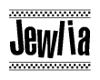 The image contains the text Jewlia in a bold, stylized font, with a checkered flag pattern bordering the top and bottom of the text.