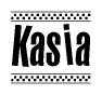 The image contains the text Kasia in a bold, stylized font, with a checkered flag pattern bordering the top and bottom of the text.