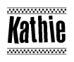 The clipart image displays the text Kathie in a bold, stylized font. It is enclosed in a rectangular border with a checkerboard pattern running below and above the text, similar to a finish line in racing. 