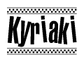 The image contains the text Kyriaki in a bold, stylized font, with a checkered flag pattern bordering the top and bottom of the text.