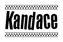 The clipart image displays the text Kandace in a bold, stylized font. It is enclosed in a rectangular border with a checkerboard pattern running below and above the text, similar to a finish line in racing. 