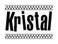The image is a black and white clipart of the text Kristal in a bold, italicized font. The text is bordered by a dotted line on the top and bottom, and there are checkered flags positioned at both ends of the text, usually associated with racing or finishing lines.