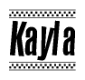 The image contains the text Kayla in a bold, stylized font, with a checkered flag pattern bordering the top and bottom of the text.
