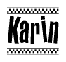 The image is a black and white clipart of the text Karin in a bold, italicized font. The text is bordered by a dotted line on the top and bottom, and there are checkered flags positioned at both ends of the text, usually associated with racing or finishing lines.