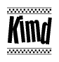 The image contains the text Kimd in a bold, stylized font, with a checkered flag pattern bordering the top and bottom of the text.