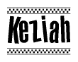 The image is a black and white clipart of the text Keziah in a bold, italicized font. The text is bordered by a dotted line on the top and bottom, and there are checkered flags positioned at both ends of the text, usually associated with racing or finishing lines.