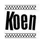 The clipart image displays the text Koen in a bold, stylized font. It is enclosed in a rectangular border with a checkerboard pattern running below and above the text, similar to a finish line in racing. 