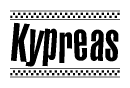 The clipart image displays the text Kypreas in a bold, stylized font. It is enclosed in a rectangular border with a checkerboard pattern running below and above the text, similar to a finish line in racing. 