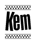 The image contains the text Kem in a bold, stylized font, with a checkered flag pattern bordering the top and bottom of the text.