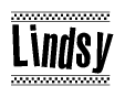 The image contains the text Lindsy in a bold, stylized font, with a checkered flag pattern bordering the top and bottom of the text.