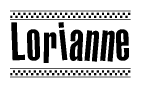 The image is a black and white clipart of the text Lorianne in a bold, italicized font. The text is bordered by a dotted line on the top and bottom, and there are checkered flags positioned at both ends of the text, usually associated with racing or finishing lines.