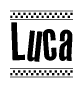 The image is a black and white clipart of the text Luca in a bold, italicized font. The text is bordered by a dotted line on the top and bottom, and there are checkered flags positioned at both ends of the text, usually associated with racing or finishing lines.