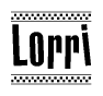 The image contains the text Lorri in a bold, stylized font, with a checkered flag pattern bordering the top and bottom of the text.