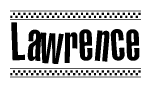 The image contains the text Lawrence in a bold, stylized font, with a checkered flag pattern bordering the top and bottom of the text.