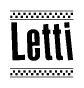 The image contains the text Letti in a bold, stylized font, with a checkered flag pattern bordering the top and bottom of the text.