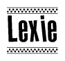 The image contains the text Lexie in a bold, stylized font, with a checkered flag pattern bordering the top and bottom of the text.