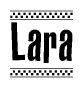 The image contains the text Lara in a bold, stylized font, with a checkered flag pattern bordering the top and bottom of the text.