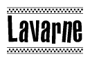 The image contains the text Lavarne in a bold, stylized font, with a checkered flag pattern bordering the top and bottom of the text.