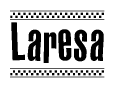 The clipart image displays the text Laresa in a bold, stylized font. It is enclosed in a rectangular border with a checkerboard pattern running below and above the text, similar to a finish line in racing. 