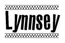 The image is a black and white clipart of the text Lynnsey in a bold, italicized font. The text is bordered by a dotted line on the top and bottom, and there are checkered flags positioned at both ends of the text, usually associated with racing or finishing lines.