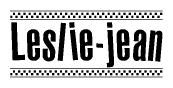 The image is a black and white clipart of the text Leslie-jean in a bold, italicized font. The text is bordered by a dotted line on the top and bottom, and there are checkered flags positioned at both ends of the text, usually associated with racing or finishing lines.