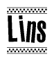 The image is a black and white clipart of the text Lins in a bold, italicized font. The text is bordered by a dotted line on the top and bottom, and there are checkered flags positioned at both ends of the text, usually associated with racing or finishing lines.