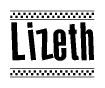 The image is a black and white clipart of the text Lizeth in a bold, italicized font. The text is bordered by a dotted line on the top and bottom, and there are checkered flags positioned at both ends of the text, usually associated with racing or finishing lines.