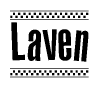 The image contains the text Laven in a bold, stylized font, with a checkered flag pattern bordering the top and bottom of the text.