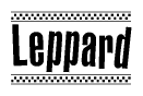 The clipart image displays the text Leppard in a bold, stylized font. It is enclosed in a rectangular border with a checkerboard pattern running below and above the text, similar to a finish line in racing. 