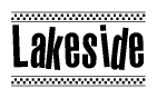 The clipart image displays the text Lakeside in a bold, stylized font. It is enclosed in a rectangular border with a checkerboard pattern running below and above the text, similar to a finish line in racing. 