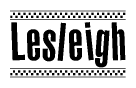 The image contains the text Lesleigh in a bold, stylized font, with a checkered flag pattern bordering the top and bottom of the text.