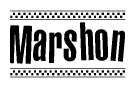 The image contains the text Marshon in a bold, stylized font, with a checkered flag pattern bordering the top and bottom of the text.