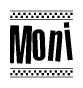 The image contains the text Moni in a bold, stylized font, with a checkered flag pattern bordering the top and bottom of the text.