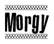 The image contains the text Morgy in a bold, stylized font, with a checkered flag pattern bordering the top and bottom of the text.