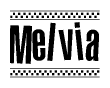 The image contains the text Melvia in a bold, stylized font, with a checkered flag pattern bordering the top and bottom of the text.