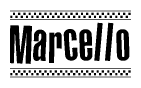The image is a black and white clipart of the text Marcello in a bold, italicized font. The text is bordered by a dotted line on the top and bottom, and there are checkered flags positioned at both ends of the text, usually associated with racing or finishing lines.