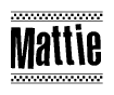 The image is a black and white clipart of the text Mattie in a bold, italicized font. The text is bordered by a dotted line on the top and bottom, and there are checkered flags positioned at both ends of the text, usually associated with racing or finishing lines.