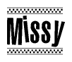 The image contains the text Missy in a bold, stylized font, with a checkered flag pattern bordering the top and bottom of the text.