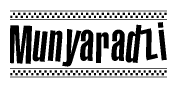 The image is a black and white clipart of the text Munyaradzi in a bold, italicized font. The text is bordered by a dotted line on the top and bottom, and there are checkered flags positioned at both ends of the text, usually associated with racing or finishing lines.