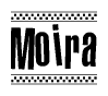 The image contains the text Moira in a bold, stylized font, with a checkered flag pattern bordering the top and bottom of the text.