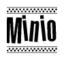The image contains the text Minio in a bold, stylized font, with a checkered flag pattern bordering the top and bottom of the text.
