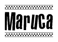 The clipart image displays the text Maruca in a bold, stylized font. It is enclosed in a rectangular border with a checkerboard pattern running below and above the text, similar to a finish line in racing. 