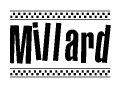 The clipart image displays the text Millard in a bold, stylized font. It is enclosed in a rectangular border with a checkerboard pattern running below and above the text, similar to a finish line in racing. 